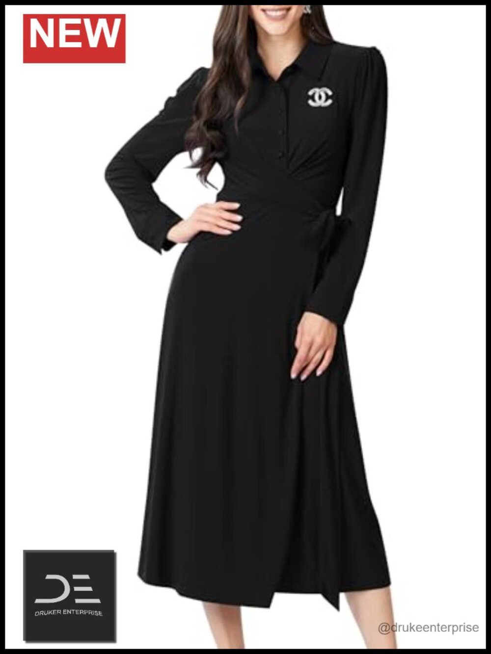 KOH KOH Womens Long Sleeve Flowy Wrap Collar Modest Office Midi Dress
